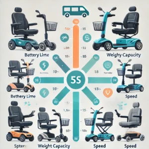 A comparison chart displaying different types of 4-wheel mobility scooters, highlighting features like battery life, weight capacity, speed, and portability