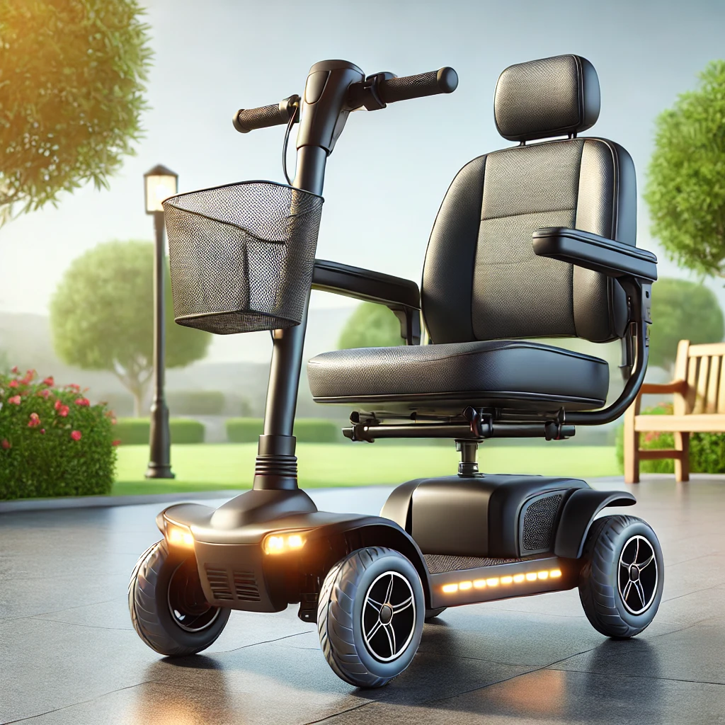 A modern 4-wheel scooter with a sturdy frame, comfortable seat, and ergonomic handlebars, ideal for mobility and outdoor use