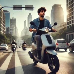 A young rider on a 50cc scooter navigating through light city traffic, demonstrating urban mobility and ease of use.