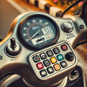 A close-up view of a 50cc scooter dashboard, showing speedometer, fuel gauge, and controls, emphasizing ease of use for beginners.