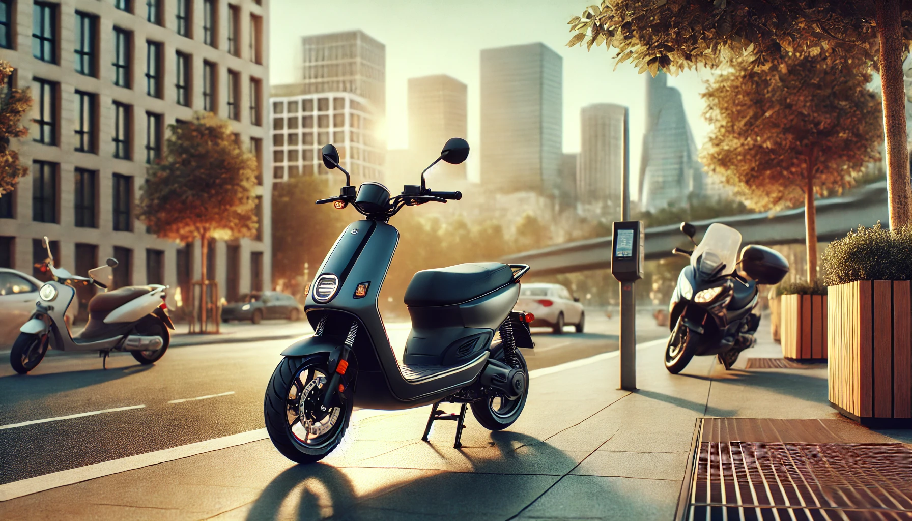 Stylish 50cc scooter parked on a city street, showcasing affordable urban mobility for commuters.