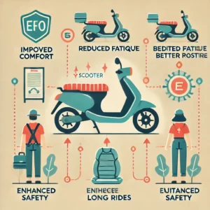 Infographic highlighting the benefits of using an electric scooter seat, including improved comfort, reduced fatigue, better posture, enhanced safety, and suitability for long rides