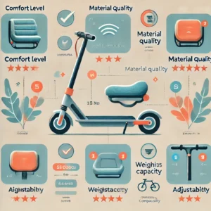 Infographic providing tips for choosing the right electric scooter seat, considering comfort, material quality, adjustability, weight capacity, and scooter compatibility