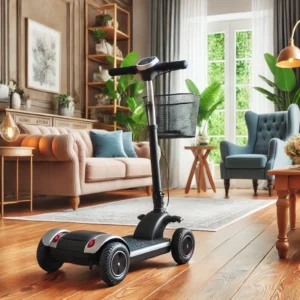 A compact and lightweight Rascal mobility scooter, ideal for indoor use, maneuvering easily through a cozy living room with wooden floors and furniture.