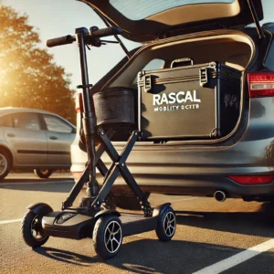 A compact, travel-friendly Rascal mobility scooter being easily folded and loaded into the trunk of a car in a sunny parking lot. 