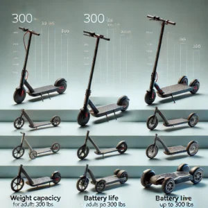 Comparison chart of electric scooter models for adults up to 300 lbs, showcasing weight capacity, battery life, motor power, and wheel size.