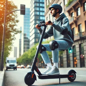 Person riding an electric scooter for adults up to 300 lbs on a city street, wearing safety gear and using LED lights for visibility.