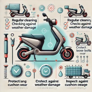Infographic providing maintenance tips for electric scooter seats, including cleaning, checking bolts, protecting against weather, inspecting cushion wear, and proper storage