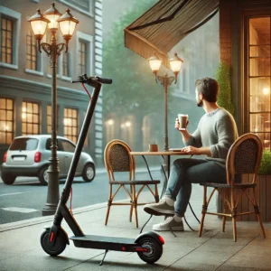 Electric scooter for adults up to 300 lbs parked near a café, highlighting its convenience for city commuting.