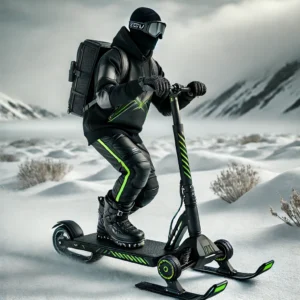 A stylish and electric-powered snow scooter with a sleek black and neon green design, cruising across a snowy field with a rider in high-tech winter gear.