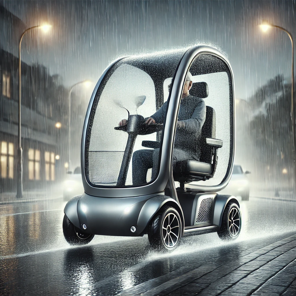 Enclosed mobility scooter providing comfortable travel in rainy conditions.