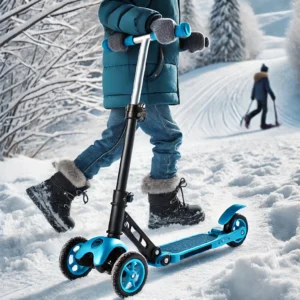 A compact and foldable snow scooter in bright blue, with safety features and an adjustable handlebar, perfect for kids and beginners on a gentle snowy hill.
