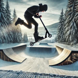 A high-performance snow scooter with a reinforced frame and special grip deck, designed for freestyle tricks, performing a jump in a snowy terrain park.
