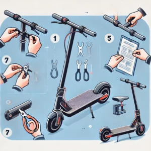Infographic demonstrating the step-by-step process of installing an electric scooter seat, including attaching the seat post, securing the base, adjusting height, and ensuring stability