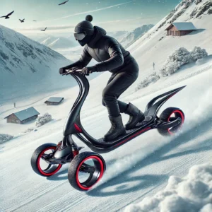 A sleek and lightweight snow scooter in black and red, designed for speed and agility, gliding down a snowy slope with a rider in winter gear.