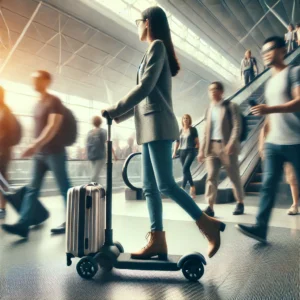Traveler using a luggage scooter in a busy airport, smoothly gliding past other passengers, showcasing its convenience and ease of use