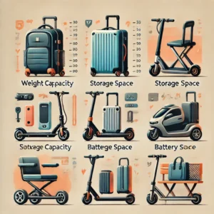 Comparison chart of different luggage scooter models, highlighting weight capacity, storage space, battery life, and key features in a structured layout