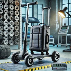 Durability test of a luggage scooter, showcasing weight capacity, impact resistance, and wheel durability in a controlled environment