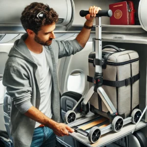Traveler effortlessly folding and storing a luggage scooter in an overhead airplane compartment, highlighting its compact design and portability