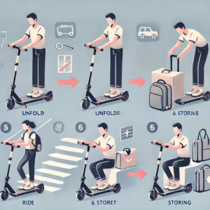 Step-by-step infographic demonstrating how to use a luggage scooter, including unfolding, riding, and storing it, with a clean and easy-to-follow design