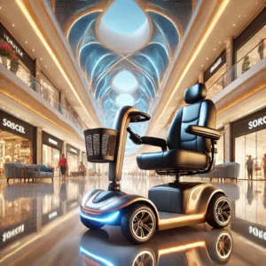 A luxurious Rascal mobility scooter with plush seating and advanced controls, gliding through a modern shopping mall with bright lighting and stores.