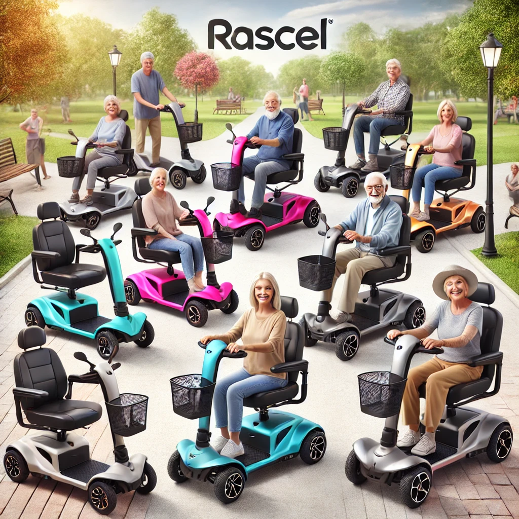 A collection of Rascal mobility scooters in different models and colors, displayed in a bright outdoor park setting with happy users enjoying freedom and mobility.