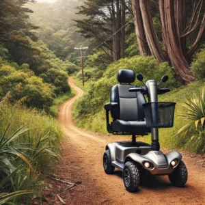 A rugged Rascal mobility scooter built for outdoor adventures, cruising on a dirt path surrounded by greenery and nature trails. 