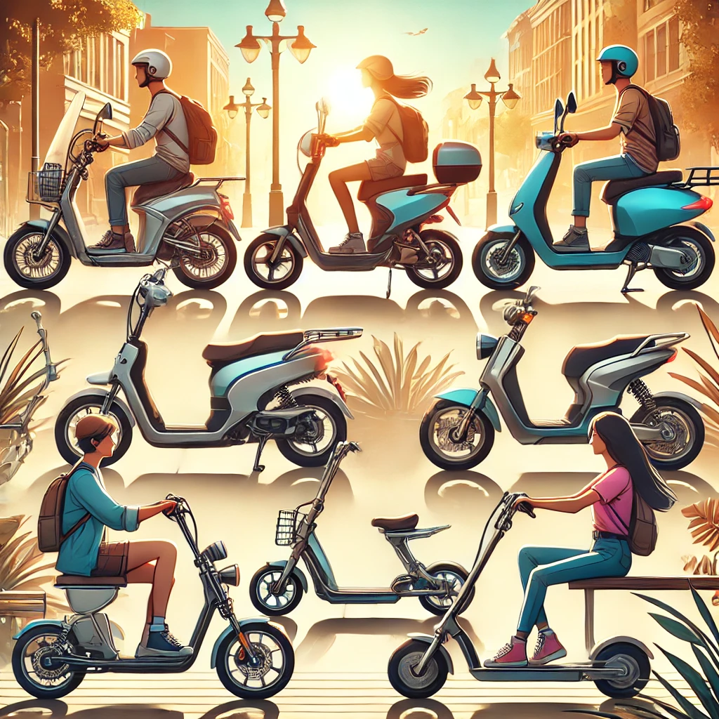 A collection of different scooters with seats, including electric, commuter, and retro designs, displayed on a sunny city street with riders enjoying a comfortable and stylish ride.