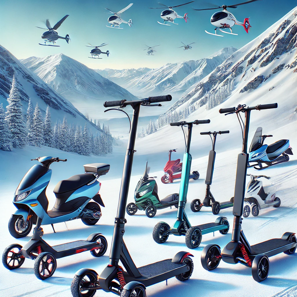 A collection of snow scooters designed for different terrains and performance levels, displayed on a snowy mountain landscape with vibrant designs.