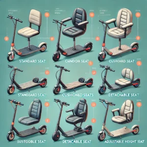 Infographic showcasing different types of electric scooter seats, including standard, cushioned, detachable, and adjustable height seats with their features and benefits