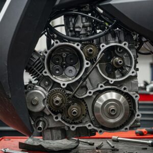  A close-up of a 150cc scooter engine.