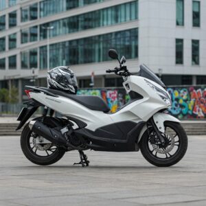 A 150cc scooter with a helmet on the seat.