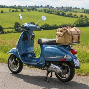 A 150cc scooter with a luggage rack and bags attached.