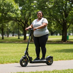An adult comfortably riding the electric scooter for heavy adults 400lbs, demonstrating its suitability.