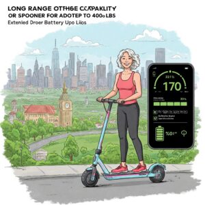 Illustration depicting the long-range capability of this electric scooter for heavy adults 400lbs.