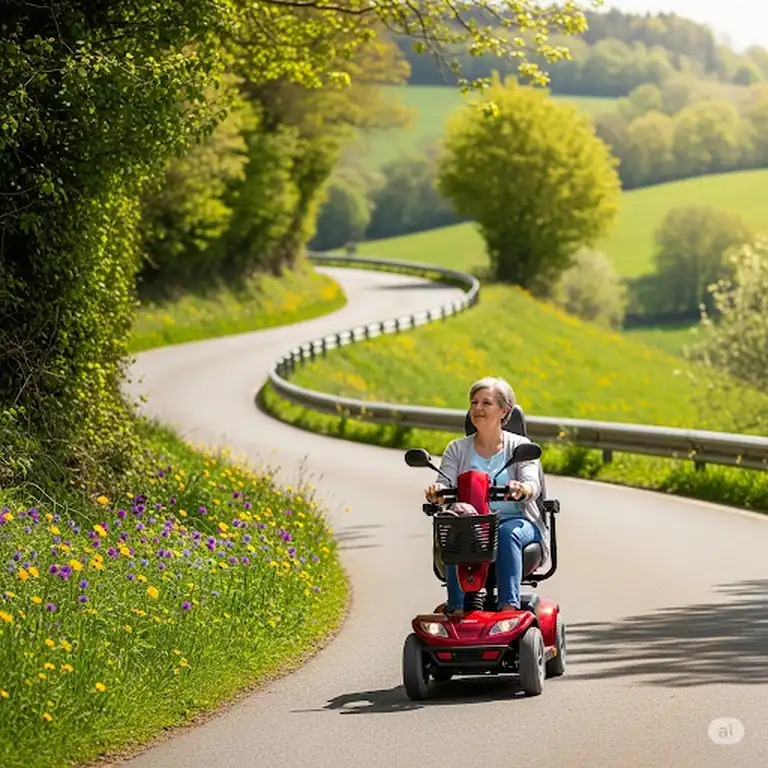 A mobility scooter user enjoying a journey on a scenic winding road, highlighting the freedom of a journey zoomer scooter.
