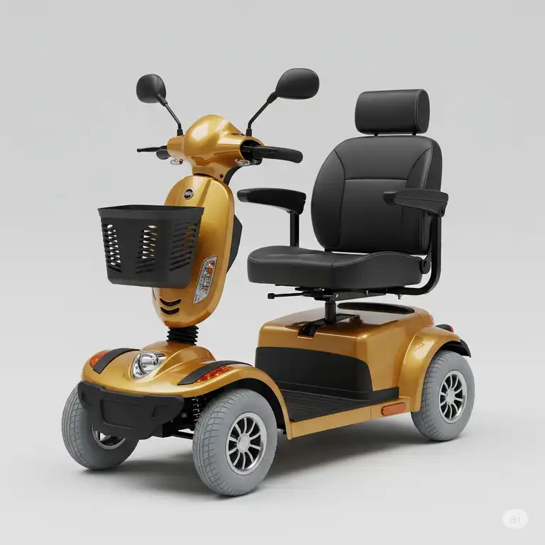 A sleek golden companion scooter offers comfortable and stylish mobility.