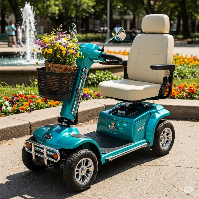 A stylish jazzy mobility scooter parked outdoors, showcasing its modern design and ease of use.