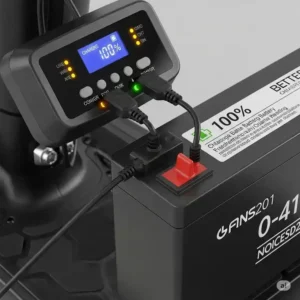 "Close-up of a high-quality mobility scooter battery charger connected to a scooter battery, indicating a full charge."