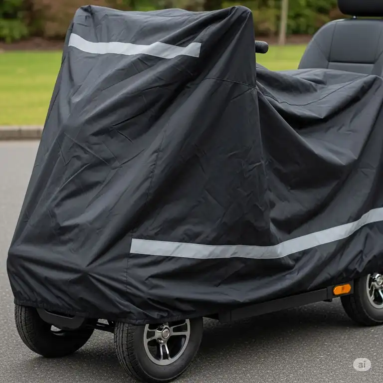 Durable black mobility scooter cover providing complete weather protection for outdoor storage.