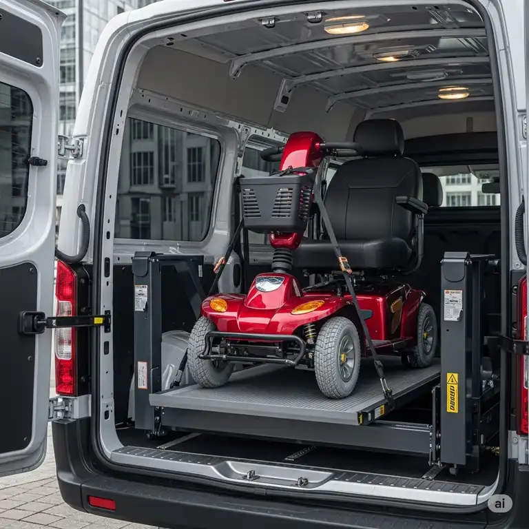 A red mobility scooter securely attached to an automatic mobility scooter lift, being raised into the back of a van, demonstrating easy vehicle transport.