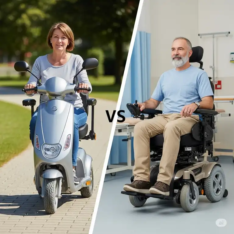 A side-by-side comparison illustrating a sleek power scooter with a user on the left, and a sturdy power wheelchair with a user on the right, highlighting key differences for those choosing between a power scooter vs power wheelchair.