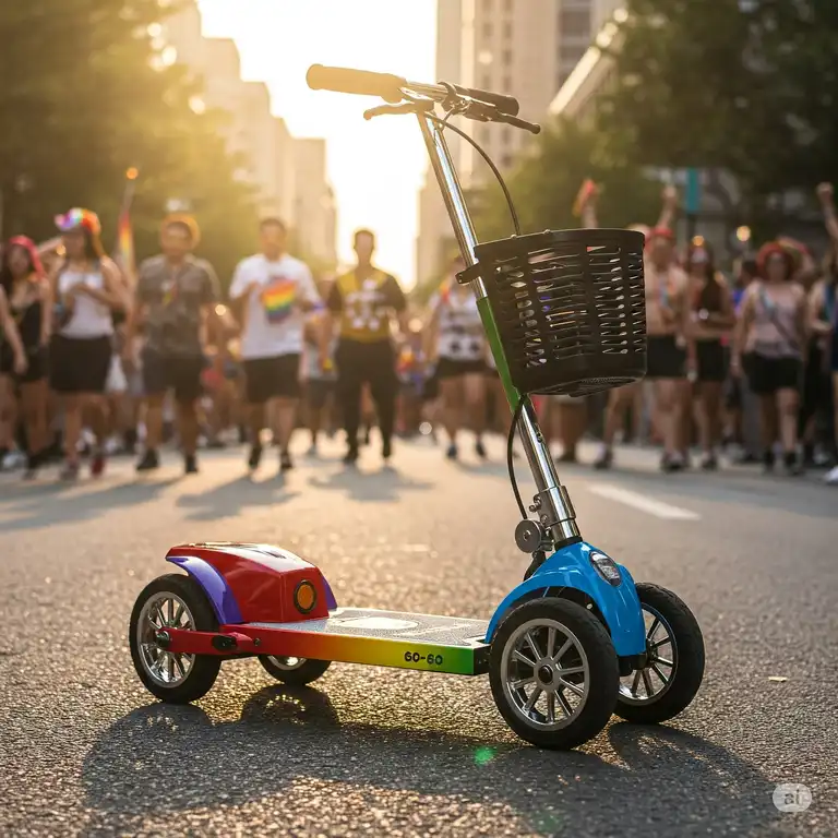 A vibrant Pride Go-Go scooter, showcasing its portability and stylish design.