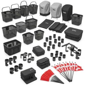 A wide display of various pride mobility scooter accessories, including baskets, covers, cup holders, and safety flags, showcasing options for enhanced comfort and utility.