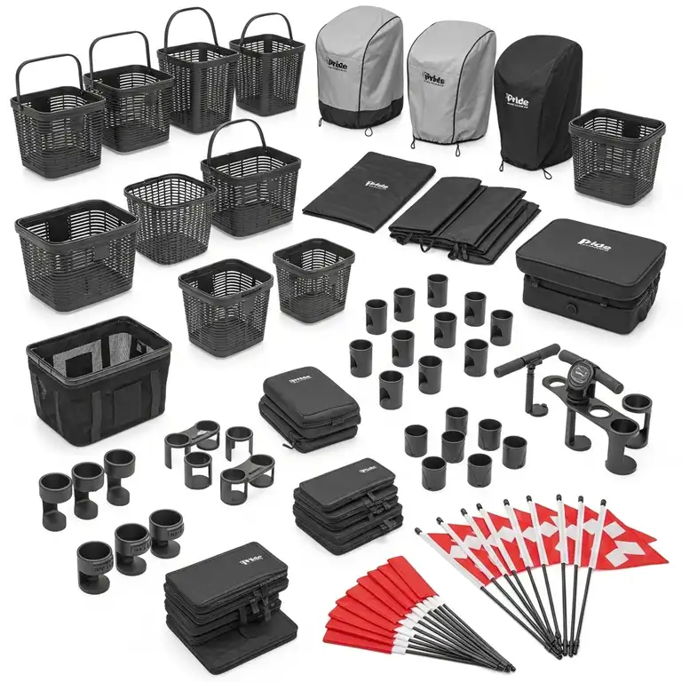 A wide display of various pride mobility scooter accessories, including baskets, covers, cup holders, and safety flags, showcasing options for enhanced comfort and utility.