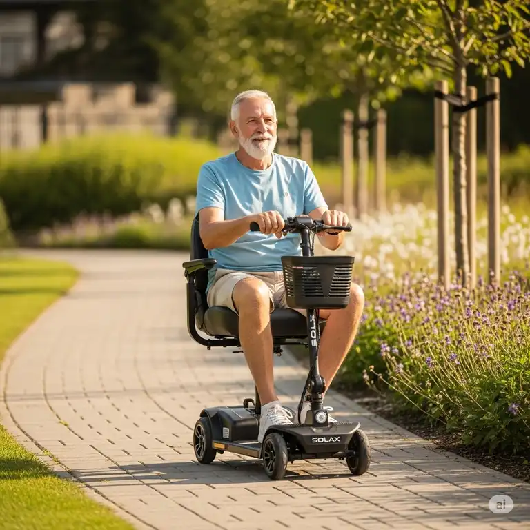 A person comfortably riding a compact Solax mobility scooter outdoors, highlighting its portability and ease of use.