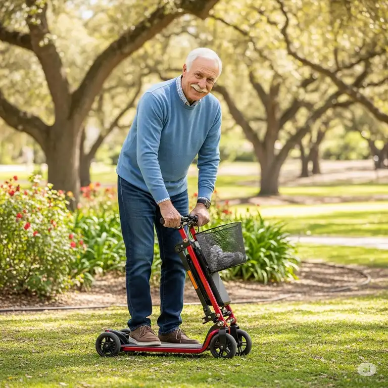 A senior man smiling while easily folding his ultra lightweight folding mobility scooter in a park.