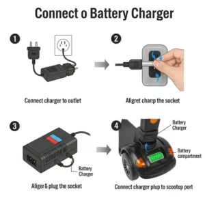  "Diagram showing the simple steps to properly connect a mobility scooter battery charger to a scooter for charging."