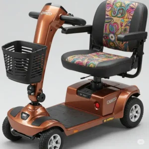 Detail of the comfortable seating and user-friendly controls of a jazzy mobility scooter.