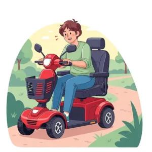 Illustration showing someone learning to drive a mobility scooter, highlighting ease of use.